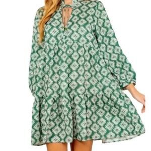 Zara Oversized Cadie Geometric Print Tiered Pleated Mini Dress Tie XS Green